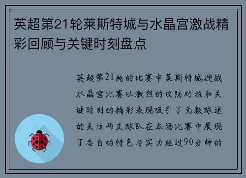 英超第21轮莱斯特城与水晶宫激战精彩回顾与关键时刻盘点